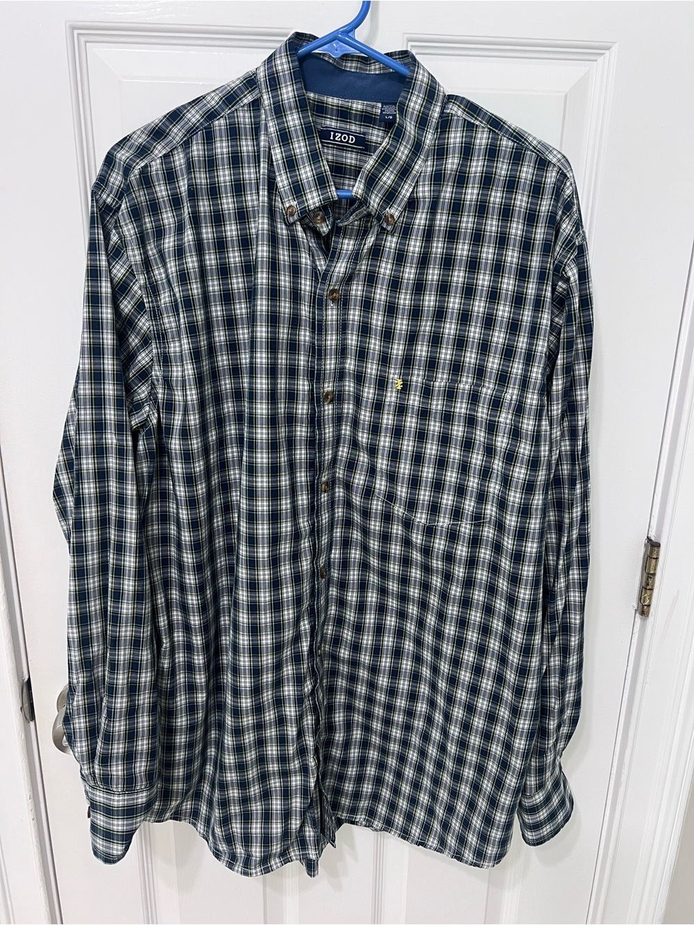 IZOD Men's Navy and White Plaid Button-Down Shirt with Chest Pocket